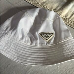 Prada White Nylon Logo Bucket Hat